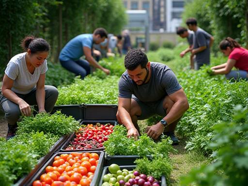 A thriving community urban farm showcasing neat rows of various vegetable patches, herbs, and fruit-bearing plants, with community members actively harvesting produce.