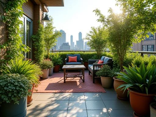 A vibrant urban balcony garden with diverse plants like flowering shrubs, trailing vines, and compact herbs, alongside comfortable seating, creating a cozy green nook.